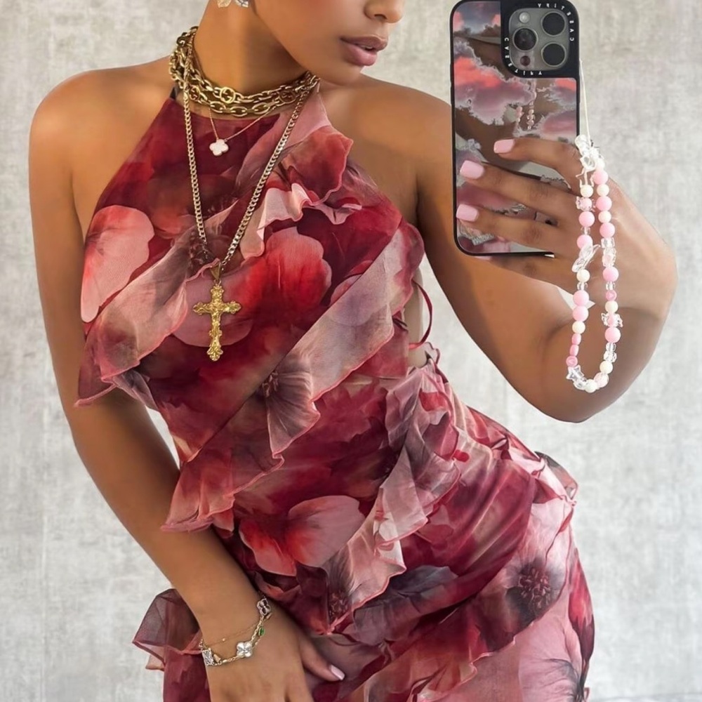 Floral Halter Neck Dress in Red and Pink